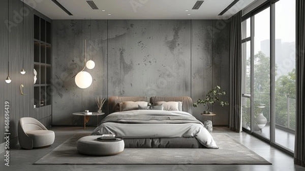 Fototapeta A modern gray bedroom with a clean, minimalist aesthetic, offering a peaceful setting and abundant copy space.