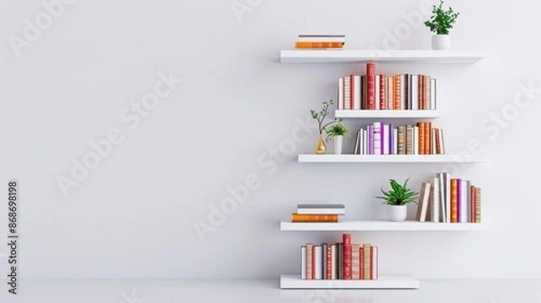 Obraz A minimalist white bookshelf against a clean white wall, with books neatly arranged and plenty of empty space for adding text or graphics. The image conveys a sense of simplicity and organization.