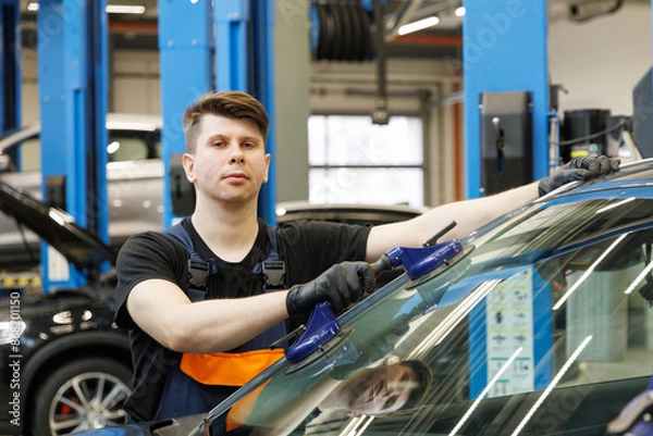 Fototapeta Portrait of a professional mechanic in a car service replacing windshields