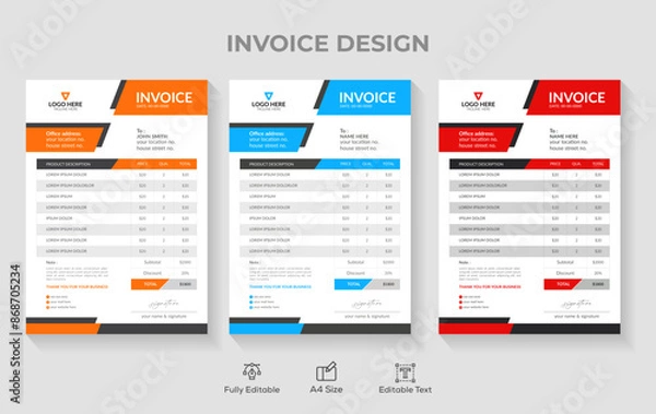 Obraz invoices and payment agreement design templates. Tax form, bill graphic or payment receipt page vector set, Minimal Corporate Business Invoice design template 