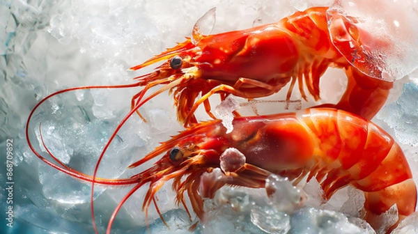 Obraz Fresh shrimps seafood from sea on ice at fish market stall, Shrimps in a pile of ice at supermarket