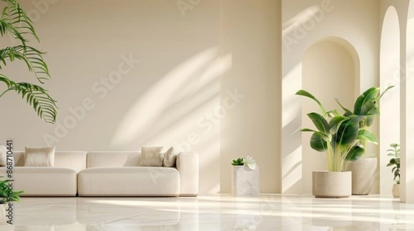 Fototapeta A luxurious living room bathed in warm golden hues, featuring minimalist furnishings and plenty of open space. The image exudes elegance and sophistication, with ample copy space for customization.