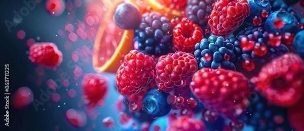 Fototapeta Futuristic depiction of a fruit explosion with glowing berries and colorful slices with copy space