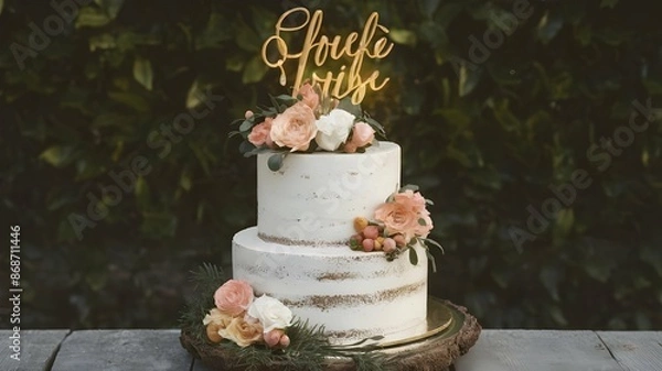 Obraz A mouth-watering photo of a beautifully designed cake. The cake features multiple tiers adorned with delicate floral fondant decorations, cascading flowers.