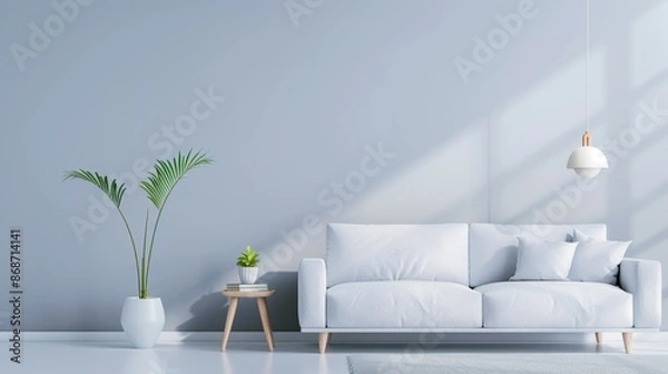 Fototapeta A contemporary living room in neutral gray tones, featuring minimalist furnishings and a spacious layout. The design offers plenty of copy space for adding text or graphics.