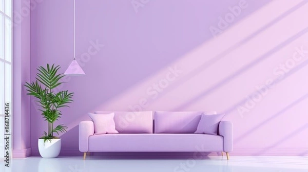 Fototapeta A serene living room with a minimalist approach, highlighted by purple tones and simple, elegant furniture. The spacious layout provides plenty of copy space.