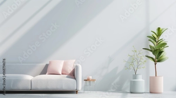 Fototapeta A serene living room in shades of silver, designed in a minimalist style with clean, modern furniture and plenty of copy space for adding text or graphics.