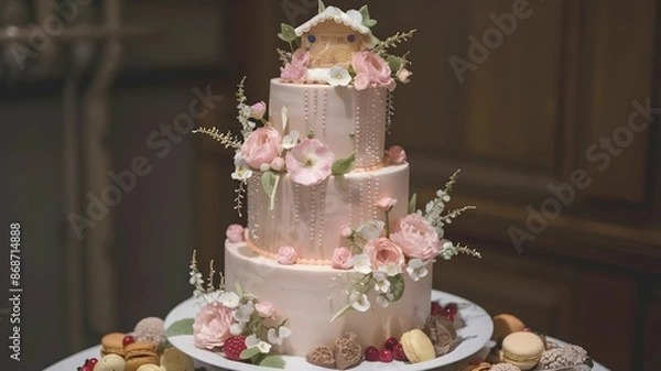 Obraz A mouth-watering photo of a beautifully designed cake. The cake features multiple tiers adorned with delicate floral fondant decorations, cascading flowers, and pearl accents.The top tier has a charm.