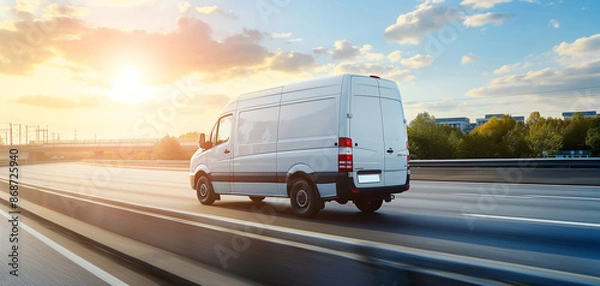 Obraz White modern delivery small shipment cargo courier van moving fast on motorway road to city urban suburb. Business distribution and logistics express service. Mini bus driving on highway on sunny day
