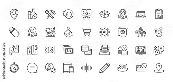 Fototapeta Cogwheel, Share and Spanner tool line icons pack. AI, Question and Answer, Map pin icons. Usb stick, Open box, Analytics graph web icon. Scroll down, Sound wave, Teamwork pictogram. Vector