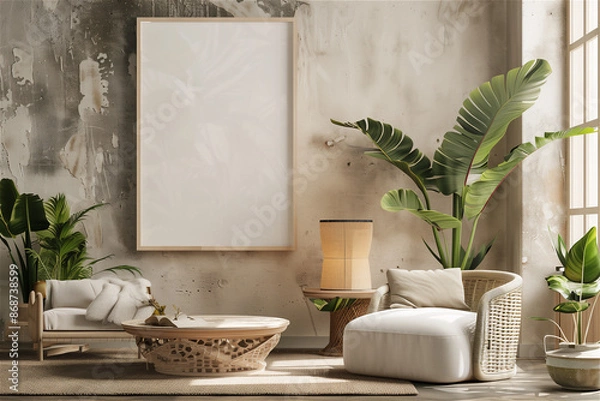 Fototapeta Modern Living Room with Large Plants - large-format poster mockup