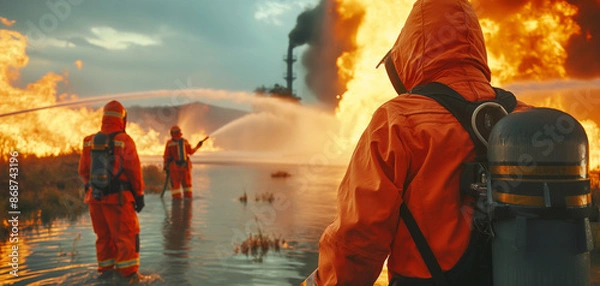 Fototapeta Firefighter training, fireman using water and extinguisher to fighting with fire flame in an emergency situation., under danger situation all firemen wearing fire fighter suit for safety