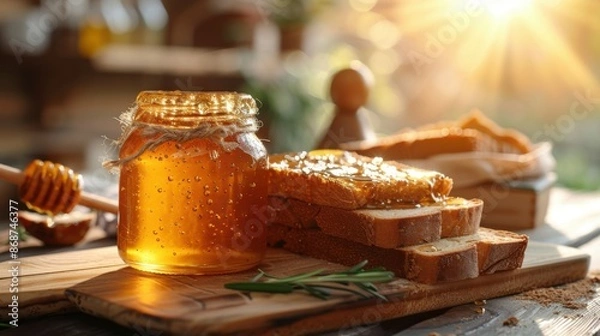 Fototapeta fresh bread drizzled with honey on a wooden table
