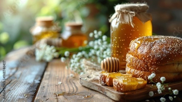 Fototapeta fresh bread drizzled with honey on a wooden table