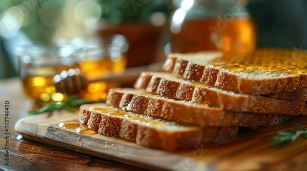 Obraz fresh bread drizzled with honey on a wooden table