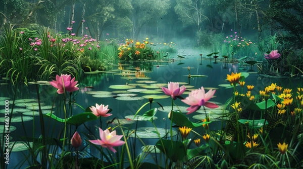 Fototapeta Realistic colorful Illustration of a Lush Wetland with Tall Green Grasses and Tranquil Pond