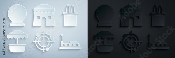 Fototapeta Set Target sport for shooting competition, Magician hat and rabbit ears, Attraction carousel, Bumper, Circus tent and ball icon. Vector