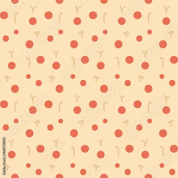 Fototapeta Berries twigs seamless pattern. Red dots repeat background. Vector hand drawn flat illustration.
