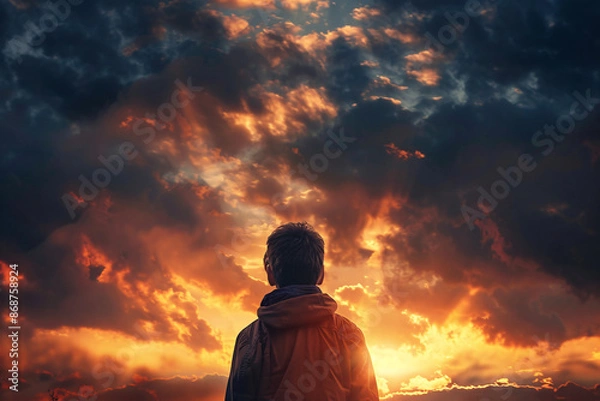 Fototapeta Silhouette of a person in a hooded jacket watching a vibrant sunset with dramatic clouds