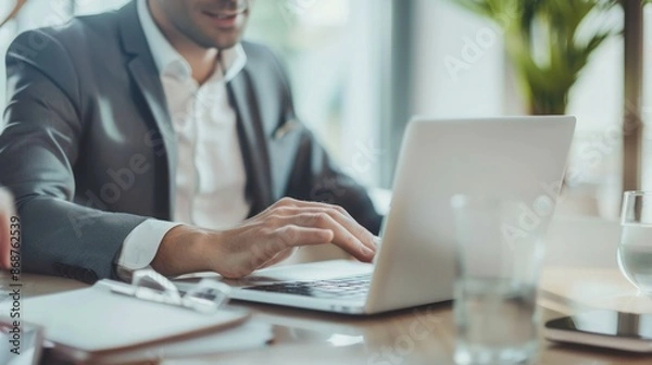 Obraz Professional manager finalizing a business deal on a laptop with the client observing in the office. Mid aged manager successful deal