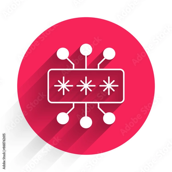 Fototapeta White Cyber security icon isolated with long shadow background. Closed padlock on digital circuit board. Safety concept. Digital data protection. Red circle button. Vector