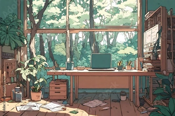 Fototapeta Lofi empty interior. Messy desk, window view of a forest, jungle. Anime, manga style. Colorful study lo-fi desk.