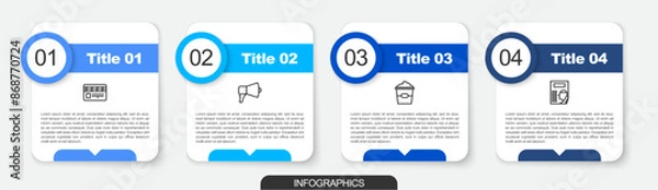 Fototapeta Set line Movie clapper, Megaphone, Popcorn in box and Cinema poster. Business infographic template. Vector