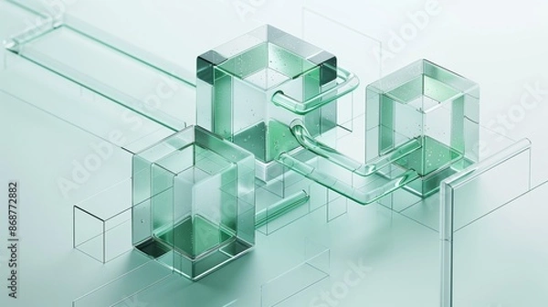 Obraz A white background with an isometric view of three transparent green glass cubes.