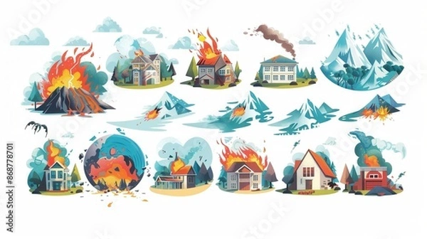 Fototapeta A set of colorful cartoon illustrations depicting various natural disasters including volcanic eruptions, forest fires, earthquakes, floods, and blizzards. Generative AI