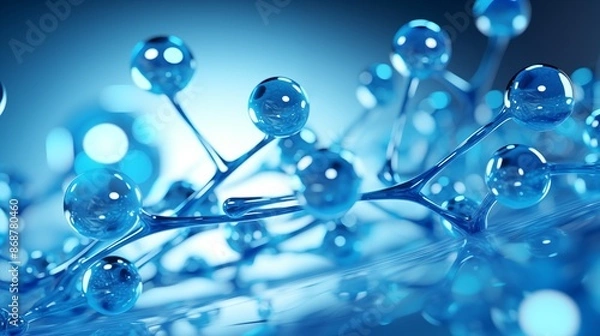 Fototapeta blue molecule atoms structures on blue liquid serum background. Science Molecular water drop DNA Model Structure Atoms bacgkround Medical