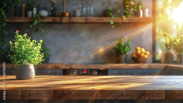 Fototapeta Abstract blurred  background sunlit kitchen with potted plant on a wooden table, creating a cozy and inviting atmosphere with natural light streaming in