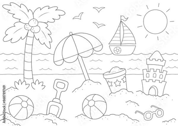 Obraz summer beach colouring page, print it on a4 paper.