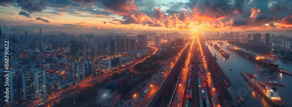 Fototapeta The Global Trade shows how goods are transported internationally by rail, air freight, and shipping. 