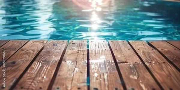 Fototapeta Empty wooden deck with swimming pool