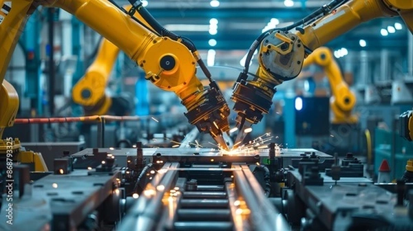 Fototapeta Sparks flying on automated machinery at a factory illustrating industrial processes and manufacturing automation