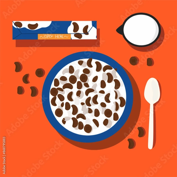 Fototapeta illustration of a Bowls of breakfast cereal coco crunch with milk. Vector illustration