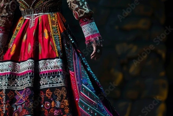 Fototapeta Slavic fashion show of beautiful ethnic dresses on a catwalk in slow motion