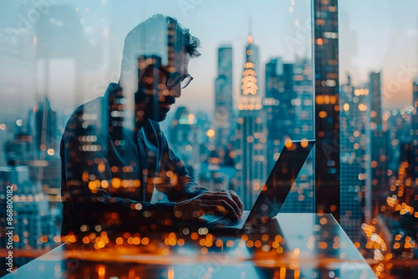 Fototapeta Businessman working on a laptop in an office, with a transparent overlay showing a modern cityscape of buildings and skyscrapers. Ideal for themes of technology, business, and urban life. Ai Generate.