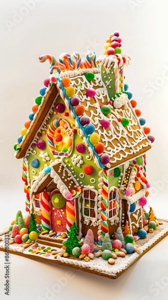 Obraz Colorful candy-covered gingerbread house with multicolored rooftops and candy decorations. Concept of confectionery art, holiday baking, festive decor, Christmas treats. Vertical