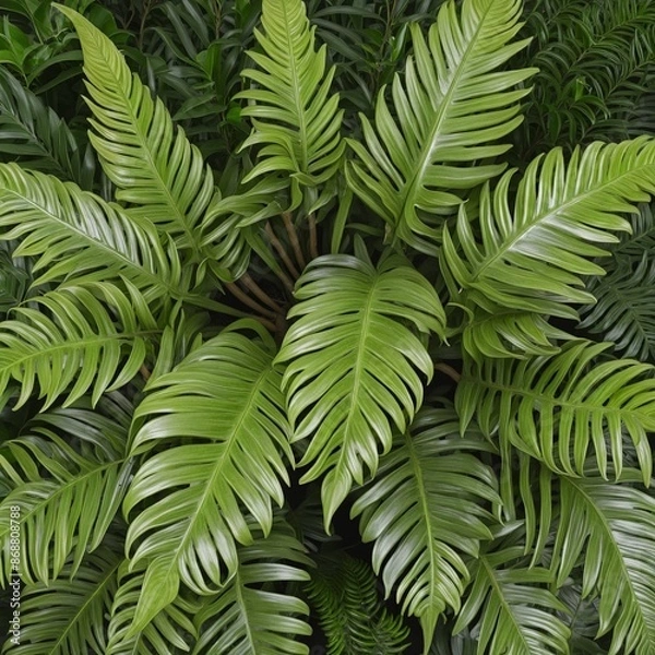 Fototapeta Greenery symbol in home decor: A fresh top view of a potted Boston fern