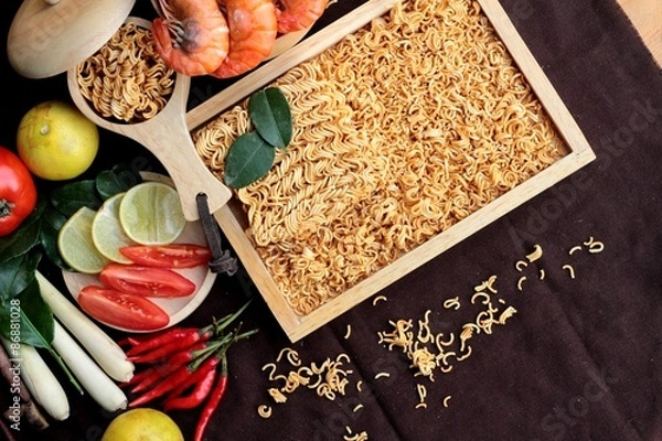 Fototapeta Dry instant noodle - asian ramen and shrimp ,vegetables for soup