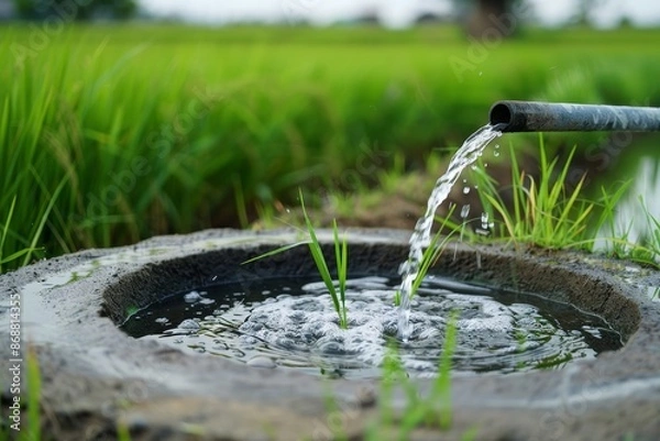 Fototapeta View of water flowing from pipe into concrete basin in rural Thai rice fields