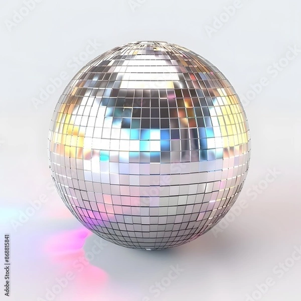 Fototapeta Shiny Reflective Disco Mirror Ball Isolated on White Background with Rainbow Light Reflections