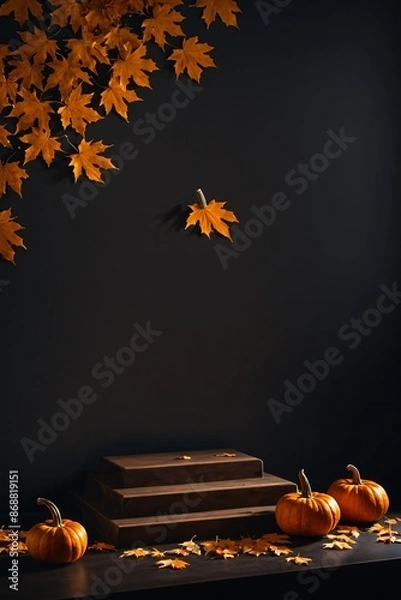 Fototapeta Halloween background with podium for display product, maple leaves, orange pumpkins on dark table.