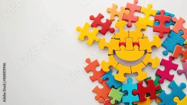 Fototapeta Colorful puzzle pieces forming smiling face against white background