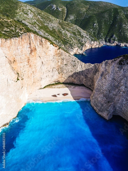 Fototapeta Aerial view over the famous Navagio beach (Shipwreck beach) in Zakynthos island, Greece