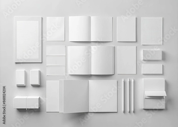 Fototapeta High-quality realistic mockup set featuring 24 pieces of blank white stationery, including a booklet, brochure, business card, book, and magazine, with precise shadows on a light background.