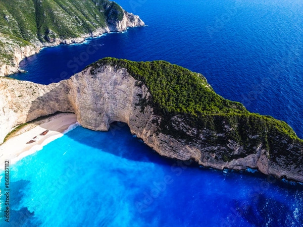 Fototapeta Aerial view over the famous Navagio beach (Shipwreck beach) in Zakynthos island, Greece