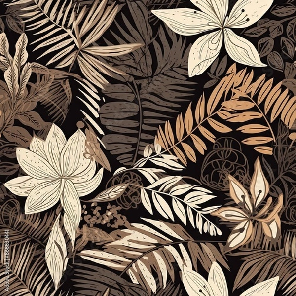 Fototapeta Abstract floral lino cuts of leaves and flowers designed in a random patter