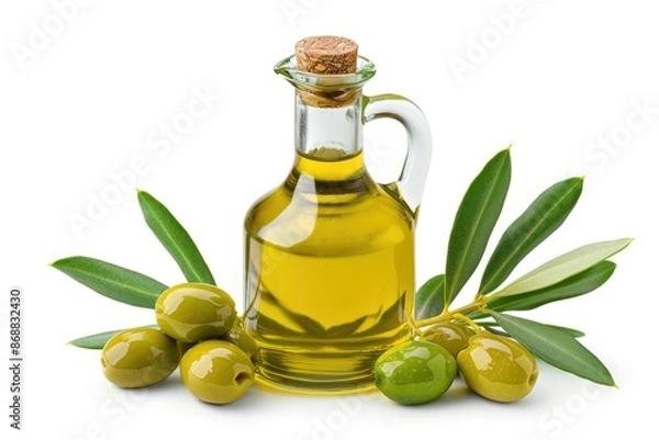 Obraz A bottle of olive oil sits next to a selection of green olives, ideal for garnishing dishes or serving as a snack